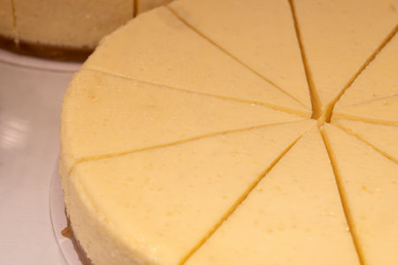 Traditional American sweet dessert fresh baked cheesecake tart New York styleの写真素材
