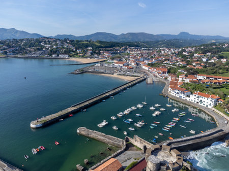 Aerial view on Ciboure and Saint Jean de Luz towns bay, port, sandy beach on Basque coast, beautiful architecture, nature and cuisine, South of France, Basque Countryの写真素材