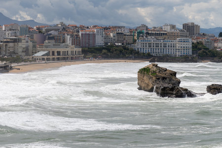 Panoramic view from lighthouse on cliffs, houses, sandy beaches of touristic Biarritz city, Basque Country, Bay of Biscay of Atlantic ocean, Franceの写真素材