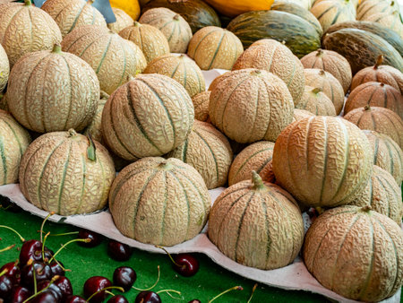 Sweet ripe cantalupe melons from Carpentras town for sale on farmers market, Provence, France, seasonal local foodの写真素材