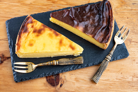 Sweet dessert, pieces of cheesecake or custard flan, close up