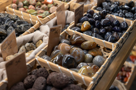 Different minerals and stones in souvenir shop in France, close upの写真素材