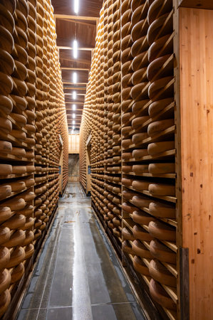 Aging rooms with many shelves in cheese caves, central location for aging of wheels, rounds of Comte cheese from four months to several years made from raw cow milk, Jura, Franceの写真素材