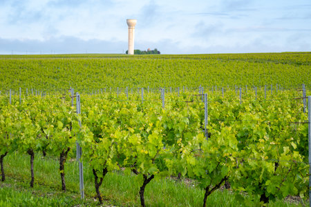 Summer on vineyards of Cognac white wine region, Charente, white ugni blanc grape uses for Cognac strong spirits distillation and wine making, France, Grand Champagne regionの写真素材