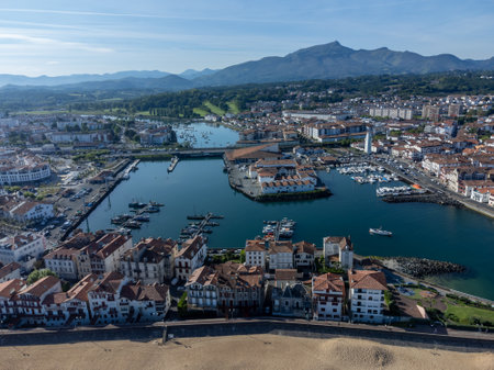 Aerial view on Ciboure and Saint Jean de Luz towns bay, port, sandy beach on Basque coast, beautiful architecture, nature and cuisine, South of France, Basque Countryの写真素材
