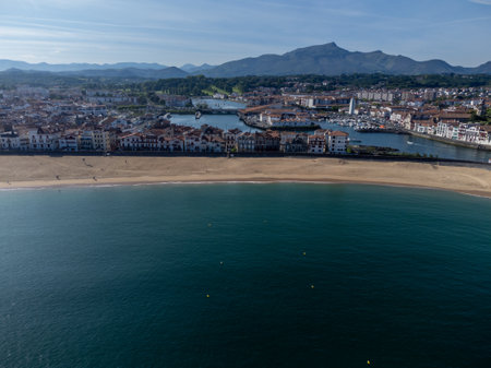 Aerial view on Ciboure and Saint Jean de Luz towns bay, port, sandy beach on Basque coast, beautiful architecture, nature and cuisine, South of France, Basque Countryの写真素材