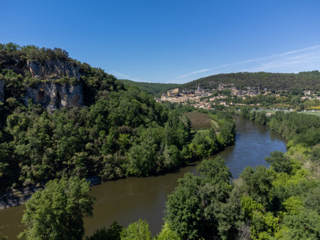 Aerial view on Dordogne river near La Roque-Gageac village located in Dordogne department in southwestern France in springの写真素材