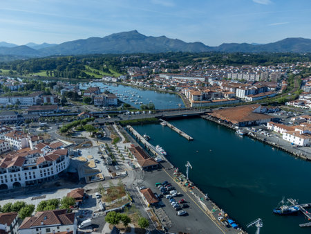 Aerial view on Ciboure and Saint Jean de Luz towns bay, port, sandy beach on Basque coast, beautiful architecture, nature and cuisine, South of France, Basque Countryの写真素材