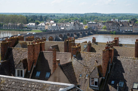 Views of old part of town of Gien on the Loire river, in Loiret department, France, houses with...