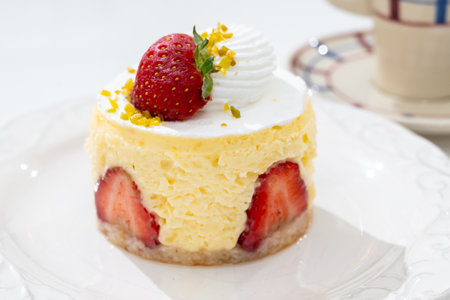 Red fruit sweet dessert cheesecake tart with fresh strawberries in luxury bakeryの写真素材