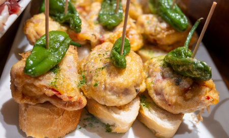 Typical snacks of Basque Country, pinchos or pinxtos skewers with small pieces of bread, fish, sea food, sweet green pepper served in bar in San-Sebastian or Bilbao, Spain, close upの写真素材