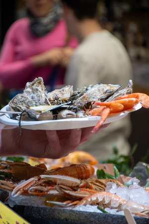 Assortment of fresh daily catch of prawns, seashells, molluscs on ice on fish market in France,...