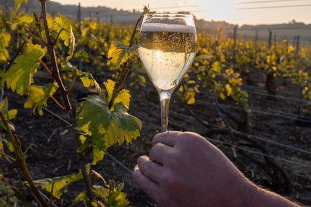 Tasting of grand cru sparkling brut white wine champagne on sunny vineyards of Cote des Blancs in village Cramant, Champagne, France, hand with glass of french wineの写真素材