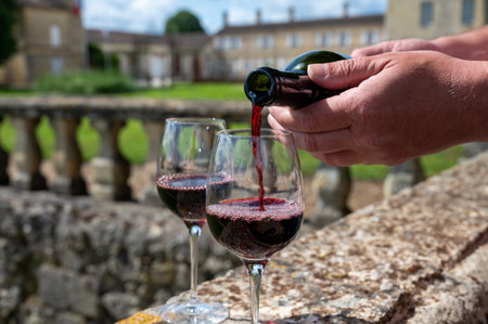 Glasses of french dry red wine in old wine domain on Graves vineyards in Portets village and old...