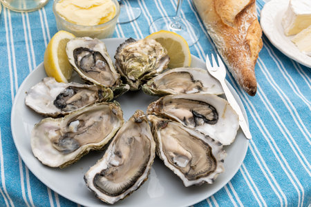 Plate with fresh live raw oysters seashells with citron, bread, butter and white wine served at restaurant in oyster-farming village, Arcachon bay, Gujan-Mestras port, Franceの写真素材