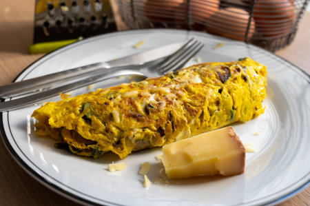French omelette with seasonal green asparagus vegetables, tasty food for healthy vegetarian lunch on white boardの写真素材