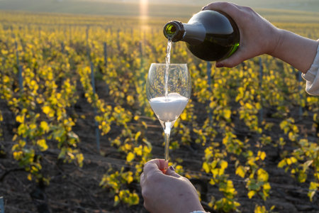 Tasting of grand cru sparkling brut white wine champagne on sunny vineyards of Cote des Blancs in village Cramant, Champagne, France, pouring in glassの写真素材