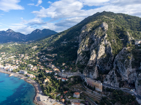 Aerial view on Italian Riviera and blue Mediterranean Sea from French-Italian border in Grimaldi village, Ventimiglia near San-Remo, travel destination, panoramic view from aboveの写真素材
