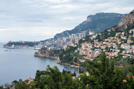 Morning view on houses and harbor of Monte-Carlo town in Monaco principality, Europe, life on French Rivieraの写真素材
