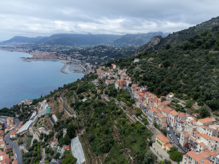 Aerial view on French Riviera, Menton, Monte-Carlo and Monaco and blue Mediterranean Sea from French-Italian border in Grimaldi village, Ventimiglia, travel destination, panoramic view from aboveの写真素材