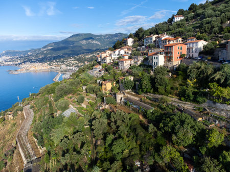 Aerial view on French Riviera, Menton, Monte-Carlo and Monaco and blue Mediterranean Sea from French-Italian border in Ventimiglia, travel destination, panoramic view from aboveの写真素材
