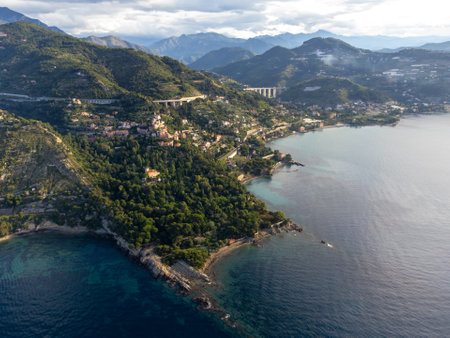 Aerial view on Italian Riviera and blue Mediterranean Sea from French-Italian border in Grimaldi village, Ventimiglia near San-Remo, travel destination, panoramic view from aboveの写真素材