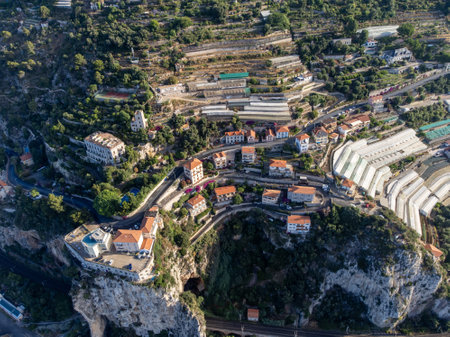 Aerial view on Italian Riviera and mountains from French-Italian border in Grimaldi village, Ventimiglia near San-Remo, travel destination, panoramic view from aboveの写真素材