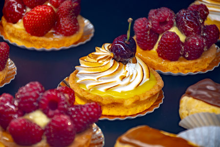 fresh baked iced raspberry cake with chantilly cream, sweet dessert close upの写真素材