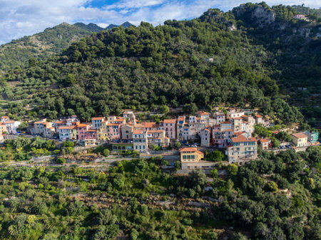 Aerial view on Italian Riviera and mountains from French-Italian border in Grimaldi village, Ventimiglia near San-Remo, travel destination, panoramic view from aboveの写真素材