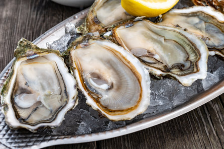 Plate with fresh live raw oysters seashells with citron, bread, butter and white wine served on ice at restaurant in oyster-farming village, Arcachon bay, Gujan-Mestras port, Franceの写真素材