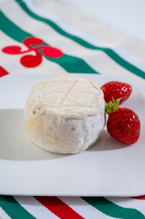 Cheese collection, soft sheeps milk brebis French cheese with mold produced on cheese farm in Basque Country in France and towel with Basque symbols and colors and fresh strawberryの写真素材