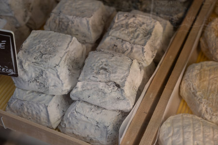Cheese collection, French Carre Cendre Lait cru Chevre pyramid cheese made from goat milk with ash in Souillac, Perigord region in France close upの写真素材