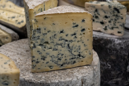 Piece of French blue cheese Roquefort, made from sheep milk in caves of Roquefort-sur-Soulzon, Franceの写真素材