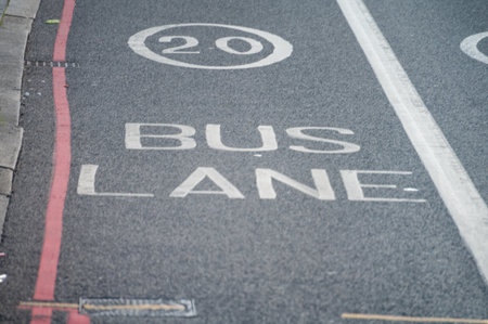 Transportation in London city, roads, road signes, street signs, different warnings, indicating of directions in Great Britain, city life in Englandの写真素材