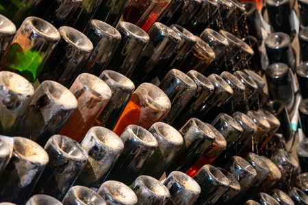 Visit of old champagne caves in grand cru wine producer small village Cramant, Champagne, France. Dusty champagne bottles on pupitre riddling racksの写真素材
