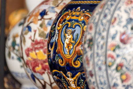 Different antique porcelaine vases and plates on display in shop, Loire valley, Franceの写真素材