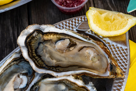 Plate with fresh live raw oysters seashells with citron, bread, butter and white wine served at restaurant in oyster-farming village, Arcachon bay, Gujan-Mestras port, Franceの写真素材