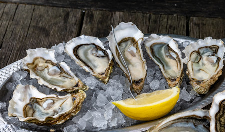 Plate with fresh live raw oysters seashells with citron, bread, butter and white wine served on ice...