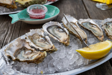 Eating of fresh live oysters with citron and bread at outdoor farm cafe in oyster-farming village,...