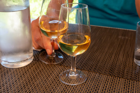 Tasting of Bordeaux white wine in Sauternes, left bank of Gironde Estuary, France. Glasses of white...