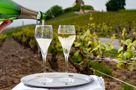 Tasting of brut champagne sparkling wine outdoor with view on pinot noir gran cru vineyards of famous champagne houses in Montagne de Reims near Verzenay, Champagne, Franceの写真素材