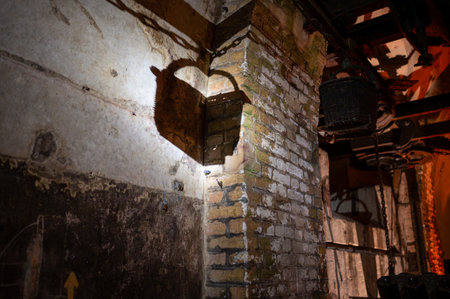 Visit of deep and long underground caves with dusty bottles on racks, traditional method making champagne sparkling wine in Reims, Champagne, Franceの写真素材