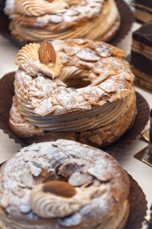 Freshly baked stuffed sweet pastries in traditional French bakery in small village in Provence close upの写真素材