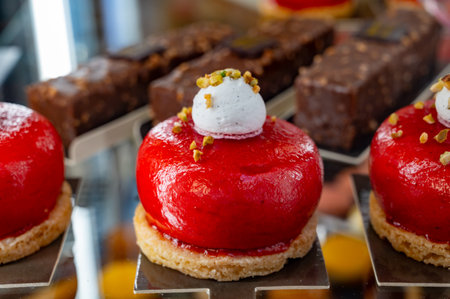 French cuisine, fresh baked strawberry ball cake with chantilly cream, sweet dessert close upの写真素材