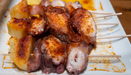 Typical snack of Basque Country, pinchos or pinxtos skewers with small pieces of bread, sea food, eggs, cheese, jamon served in bars in San-Sebastian or Bilbao, Spain, close upの写真素材