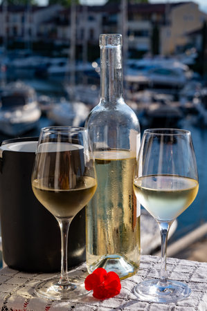Glasses of cold white Cote de Provence wine in yacht harbor of Port Grimaud, summer vacation on French Riviera in Provence, France, wine tastingの写真素材