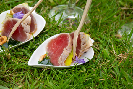 Degustation appetizers for visitors made by great chefs of haute cuisine French restaurants, summer wine festival in Tours, Loire valley, Franceの写真素材