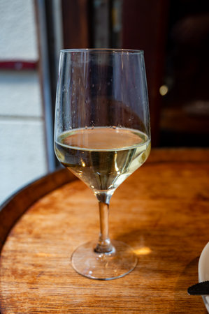 Glasses of txakoli or chacolÃ­ slightly sparkling very dry white wine, produced in Spanish Basque Country in typical pinchos bar in old part of San Sebastian or Donostia, Spainの写真素材