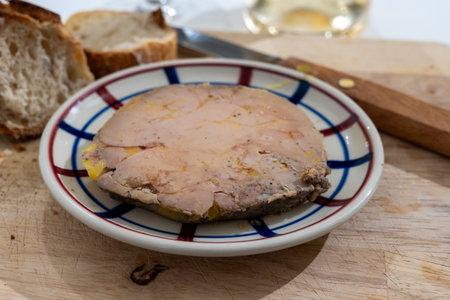 Starter dish Foie gras specialty food product made of liver of a duck or goose, served in French restaurant in Perigoed, Dordogne, close upの写真素材