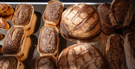 French artisan bakery in Bordeaux, fresh baked rye and wheat bread and baguettes, France, french...